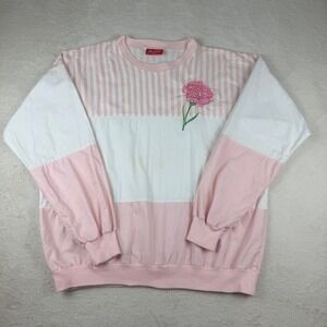 Vintage Cottontops Pink/White Colorblock Striped Flower Sweatshirt USA Large